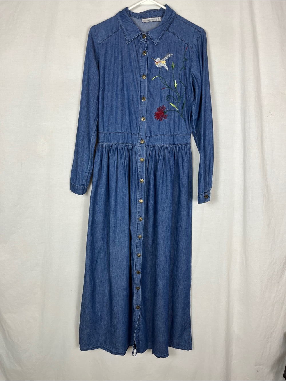 Benin Style Blue Long Sleeve Maxi Dress Hummingbird and Flower Embroidered